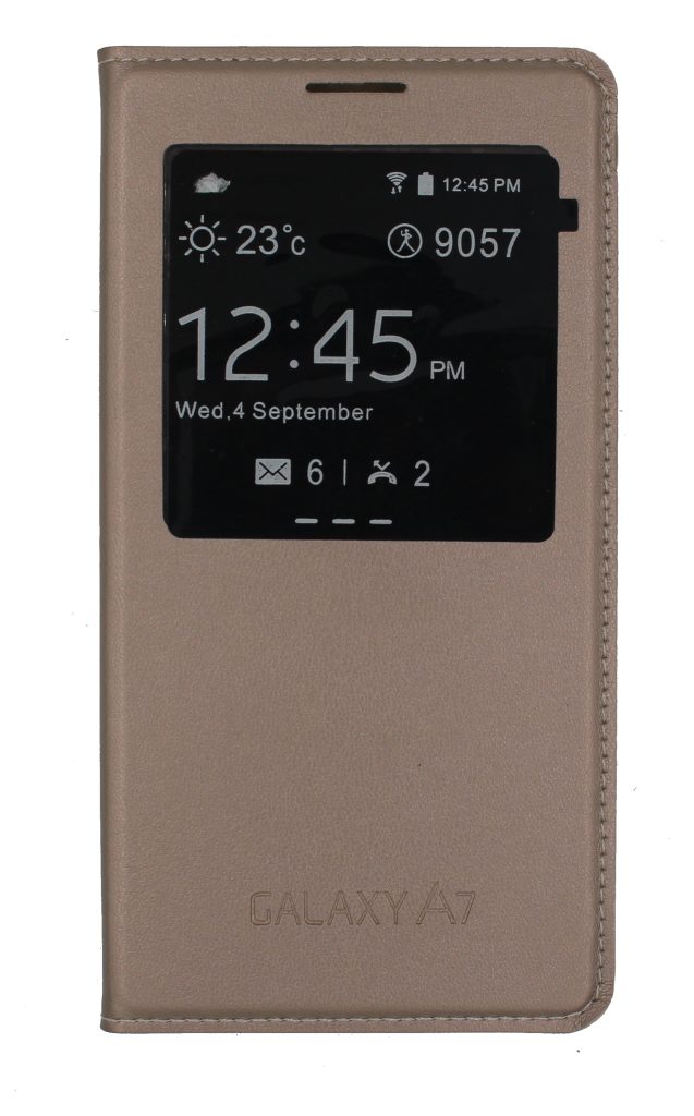 Чехол-книжка для Samsung Galaxy A7 2015 с окном золотой