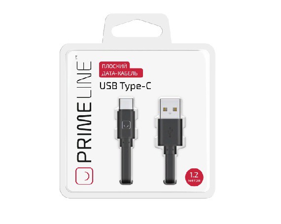 Дата-кабель Prime Line Type-C - USB плоский, черный, 1.2м