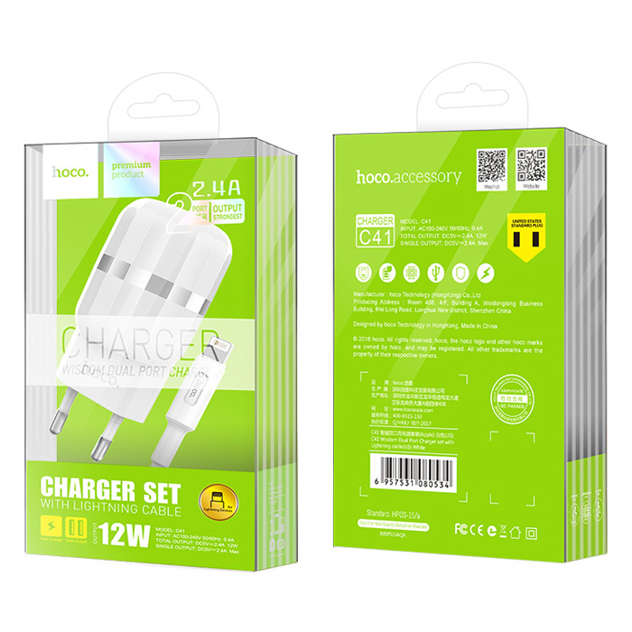 Сетевое ЗУ HOCO C41A + кабель Lightning (2.4A)