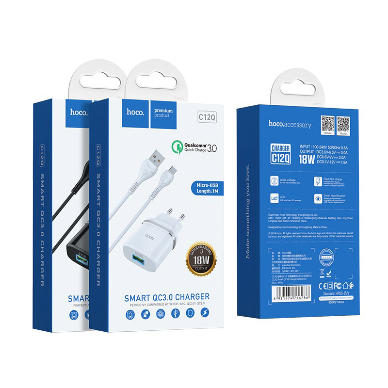 Сетевое ЗУ HOCO C12Q + кабель MicroUSB (3.0A)