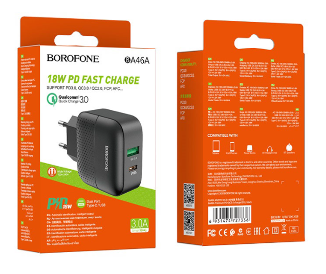 Зарядное устройство Borofone BA46A 3.0 набор с кабелем Type-C черное