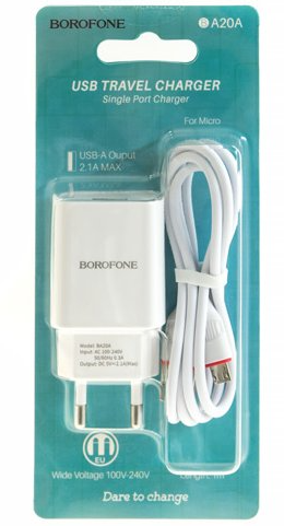 Сетевое зарядное устройство Borofone BA20A+ кабель MicroUSB (5V/2.1A) белое