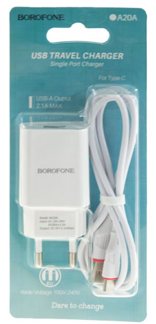 Сетевое зарядное устройство Borofone BA20A+ кабель Type-C (5V/2.1A) белое