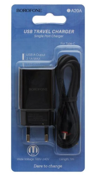 Сетевое зарядное устройство Borofone BA20A+ кабель Type-C (5V/2.1A) черное