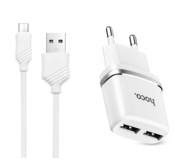 Сетевое зарядное устройство HOCO C12+ кабель MicroUSB (2.4A) белое