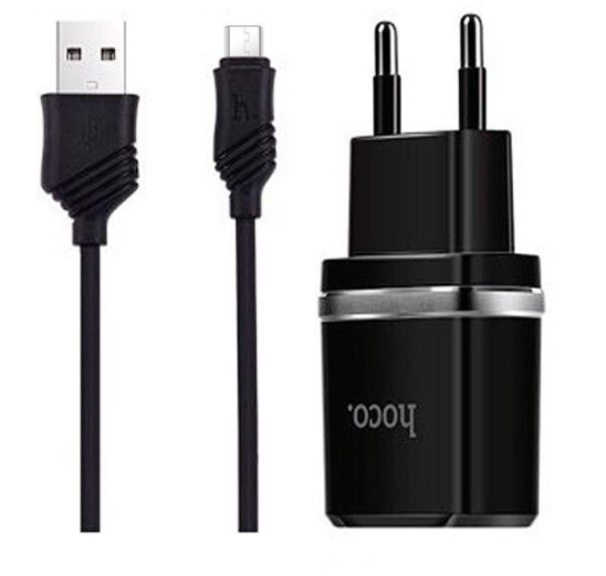 Сетевое зарядное устройство HOCO C12+ кабель MicroUSB (2.4A) черное