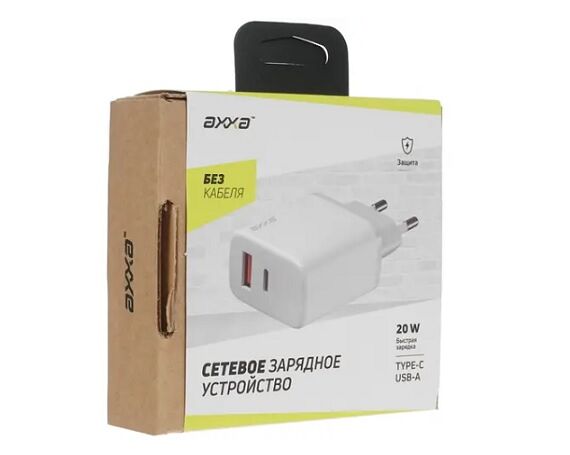 СЗУ USB + USB-C Axxa PD 3.0, QC 3.0, 20W, белый