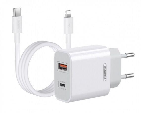СЗУ-1USB + USB-C Remax RP-U68, 20W PD+QC + кабель Type-C-Lightning, белый