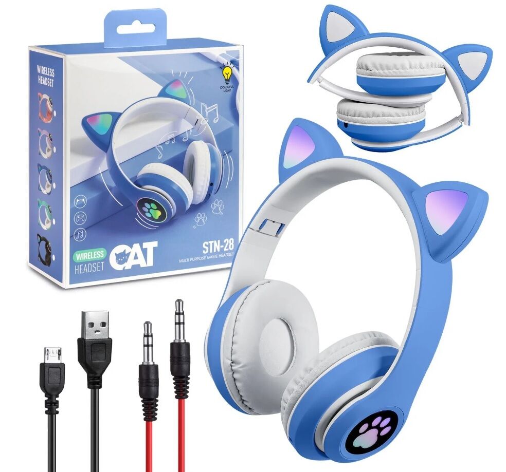 Беспроводные наушники со светящимися ушками Wireless Cat STN-28 Синие