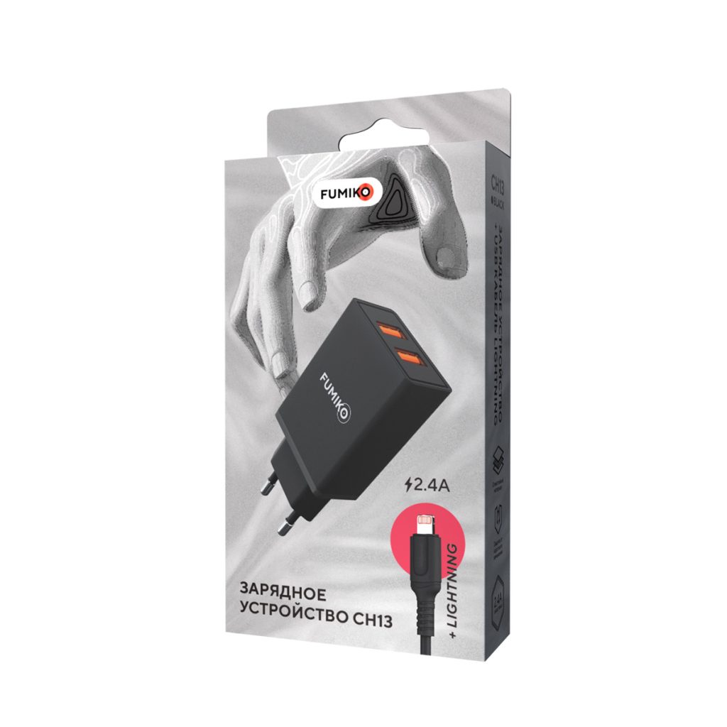 Зарядное устройство FUMIKO CH13 2USB 2.4А c кабелем Lightning черное