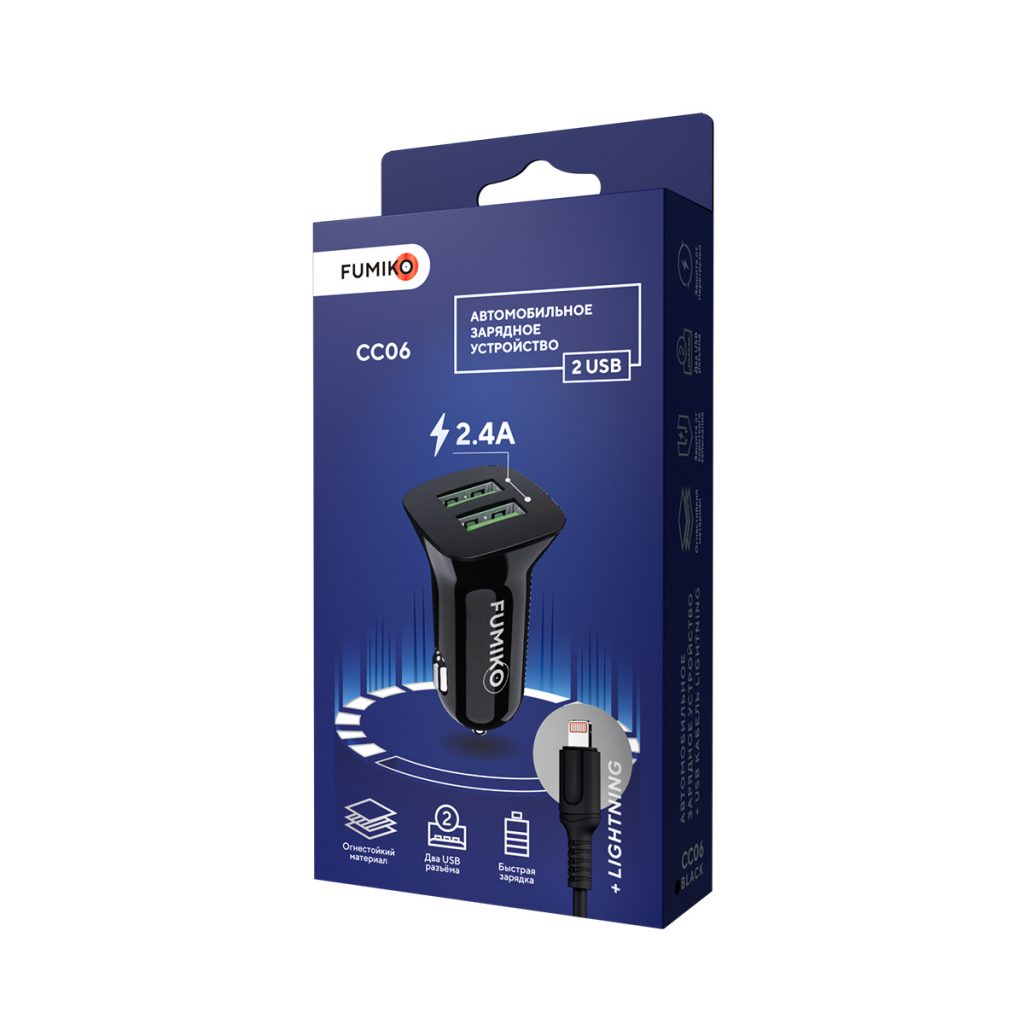 АЗУ-2USB Fumiko CC06 2.4A + кабель Lightning черный