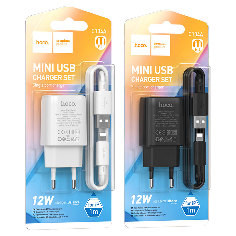 Сетевое ЗУ HOCO 1USB + USB Lightning C134A 12W черное