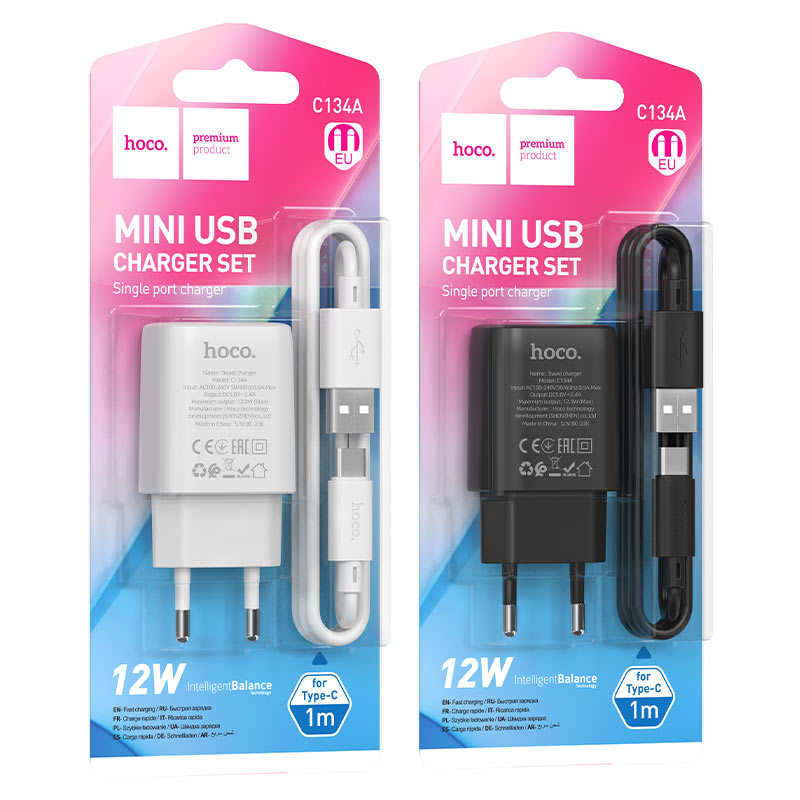 Сетевое ЗУ HOCO 1USB + USB Type-C C134A 12W белое