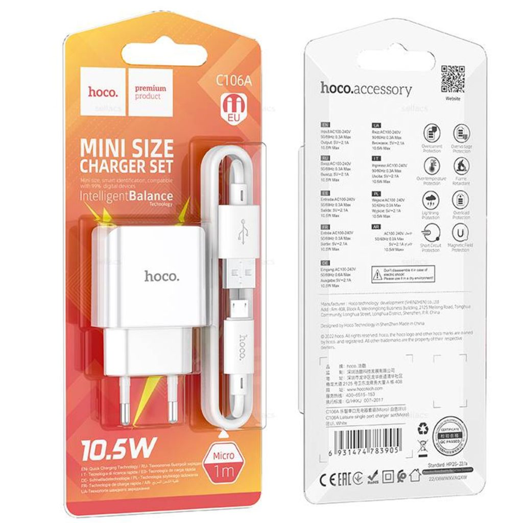 Сетевое ЗУ HOCO 1USB + USB MicroUSB C106A 10.5W белое