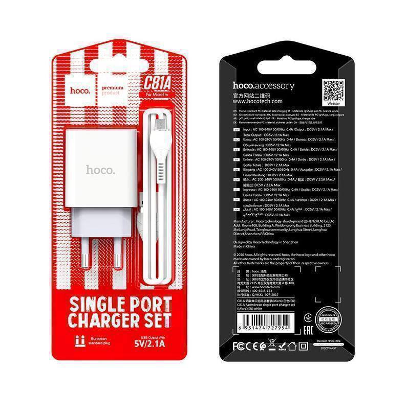 Сетевое ЗУ HOCO 1USB + USB MicroUSB C81A белое
