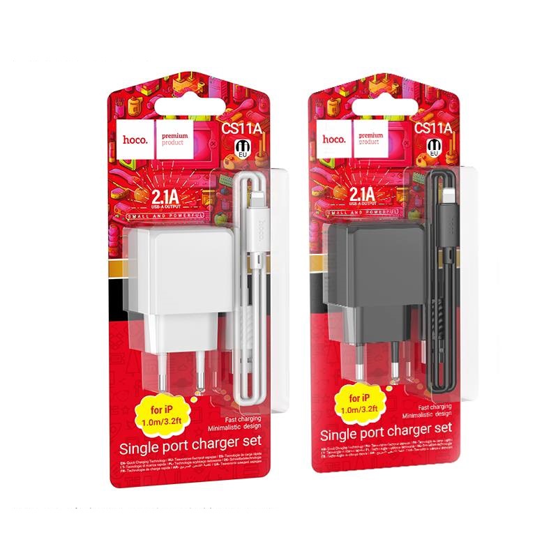 Сетевое ЗУ HOCO 1USB + USB Lightning CS11A черное