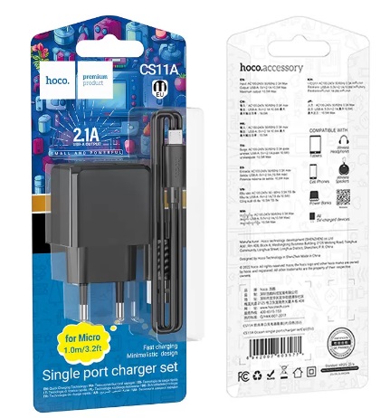 Сетевое ЗУ HOCO 1USB + USB MicroUSB CS11A черное