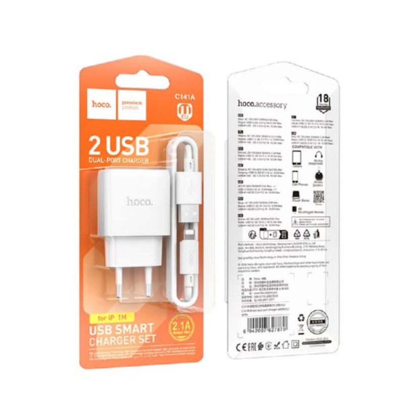 Сетевое ЗУ HOCO 2USB + USB Lightning C141A белое