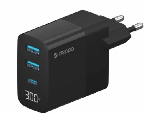 СЗУ-2USB + 1USB-C, Deppa PD, QC 3.0, 30W, дисплей, черный