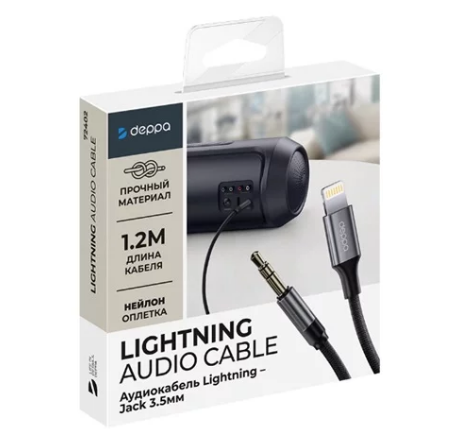 AUX Deppa Аудиокабель Lightning - 3.5мм, 1.2м, нейлон, черный