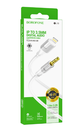 Аудиокабель AUX - Lightning Borofone BL19 Jack 3.5 мм белый 1 м