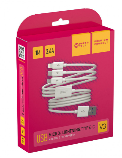 Кабель Dream V3 3 в 1 Micro USB / Type-C / Lightning 2.4А белый 1 м
