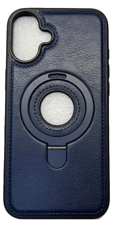 Чехол-накладка для iPhone 16 Plus "Магнитное кольцо" кожа синий