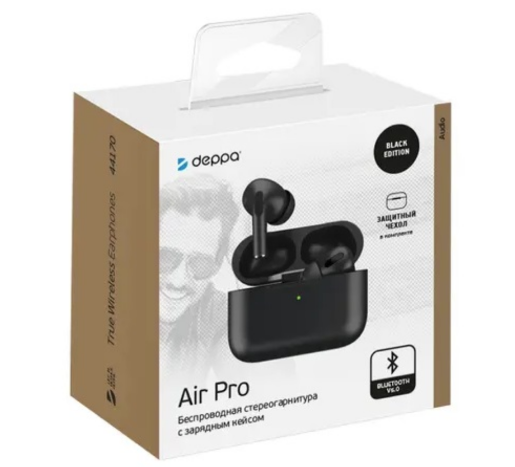 Bluetooth стереогарнитура Deppa AirPro2, зарядный футляр 300mAh, черная