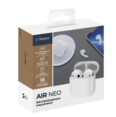 Bluetooth стереогарнитура Deppa Air Neo,зарядный футляр 300mAh белая