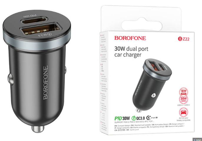 АЗУ-1USB + 1USB-C Borofone BZ22, PD30W+QC3.0 черный