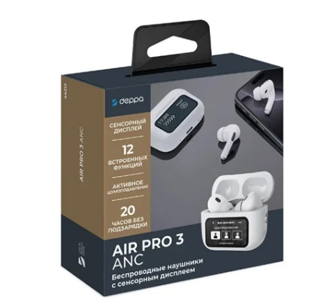 Bluetooth стереогарнитура Deppa AirPro3 ANC, TWS, BT 5.3, 350mAh, LCD, белая