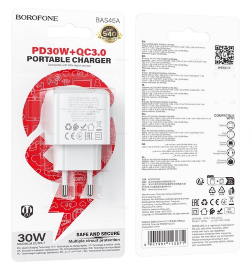Зарядное устройство Borofone BAS45A PD30W+QC 1USB+1Type-C белое