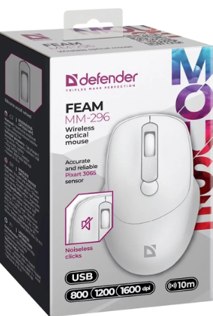 Беспроводная оптическая мышь Defender Feam MM-296, бесшумная белая