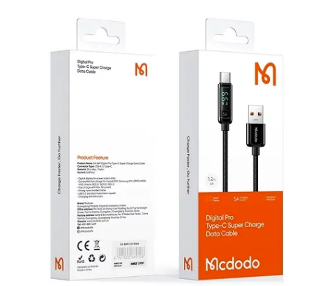 Кабель McDodo CA-8690 LED дисплей Type-C - USB черный, 6А, 1,2м