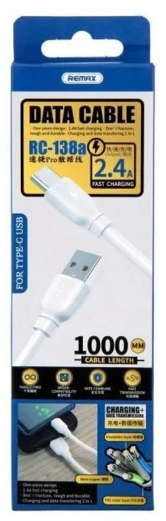 Кабель Remax RC-138a Type-C - USB белый, 1м