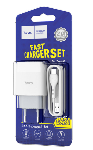 Сетевое зарядное устройство USB Hoco C72A (10.5W, кабель Type-C) Белый