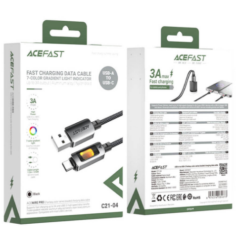 Кабель USB - Type-C Acefast C21-04 (3A, оплетка нейлон, 1.2 м) Черный