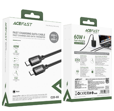 Кабель Type-C - Type-C Acefast C20-03 (3A, 60W, PD, оплетка нейлон, 1.2 м) Черный