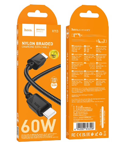Кабель USB - Type-C Hoco X113 (3А, оплетка нейлон) Черный