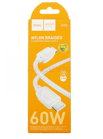 Кабель Type-C - Type-C Hoco X113 (3A, 60W, PD, оплетка нейлон) Белый