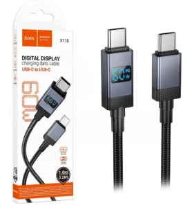 Кабель Type-C - Type-C Hoco X118 (3A, 60W, PD, оплетка нейлон, с дисплеем) Черный