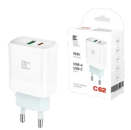 Сетевое зарядное устройство USB/Type-C BC C62 (18W, QC3.0, PD, 2 порта) Белый