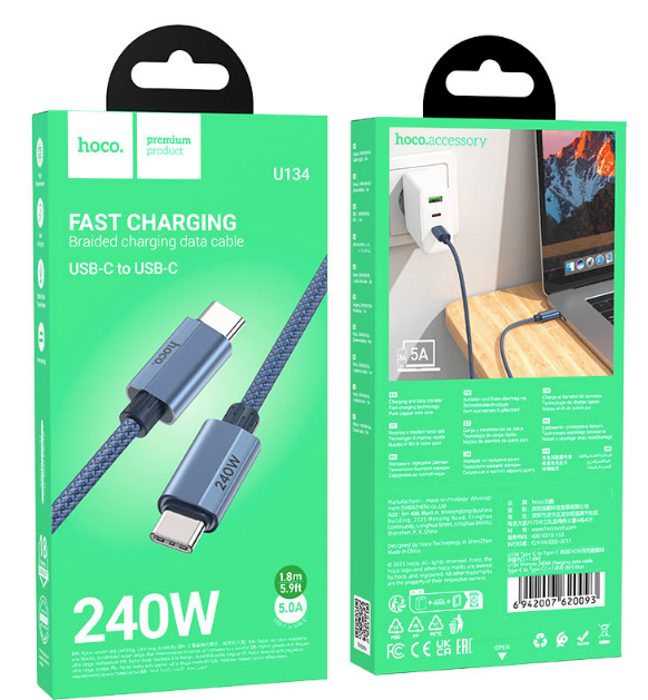Кабель Type-C - Type-C Hoco U134 (5A, 240W, PD, оплетка нейлон, 1.8 м) Темно-синий