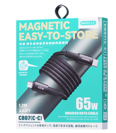 Кабель Type-C - Type-C Remax CB07 (65W, PD, оплетка нейлон, магнитное крепление, 1,2 м) Черный
